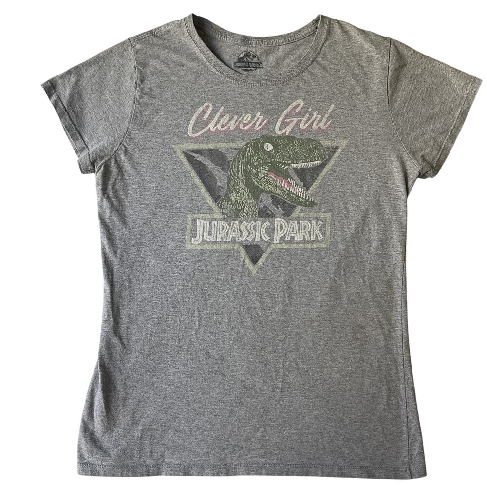 Jurassic World Women Shirt L Gray Jurassic Park Dinosaur Graphic Print ShortSlee